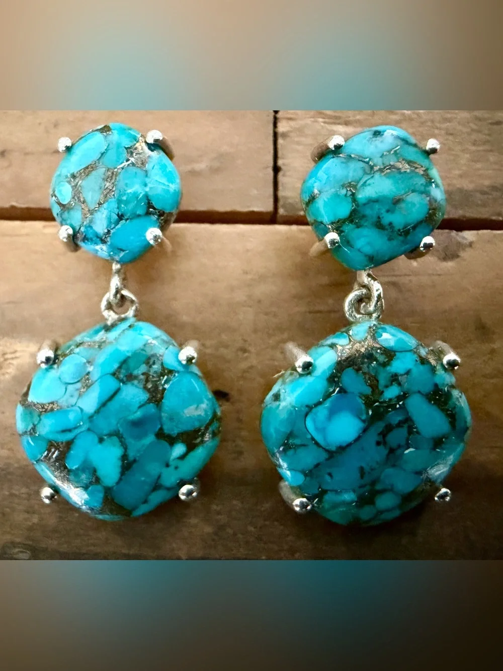 VINTAGE PTI 925 STERLING SILVER TURQUOISE DOUBLE STONE DROP DANGLE EARRINGS